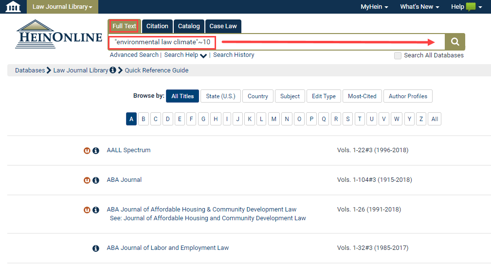 Screenshot of Full Text search featuring proximity search feature