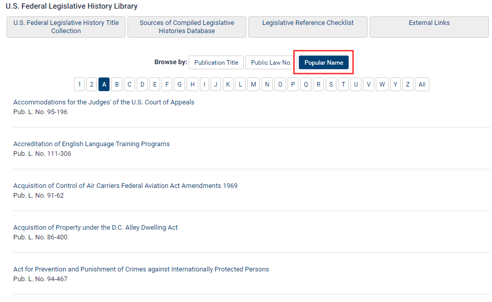 Screenshot of Popular Name search under U.S. Federal Legislative History Library