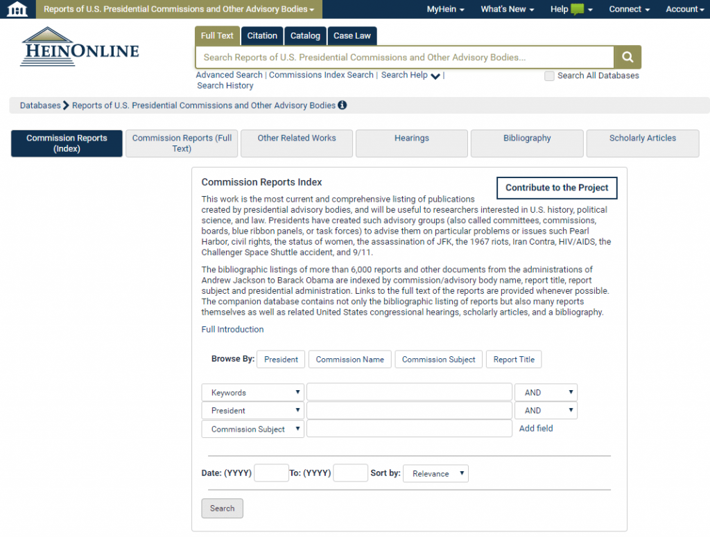 Screenshot of Reports of U.S. Presidential Commissions and Other Advisory Bodies landing page