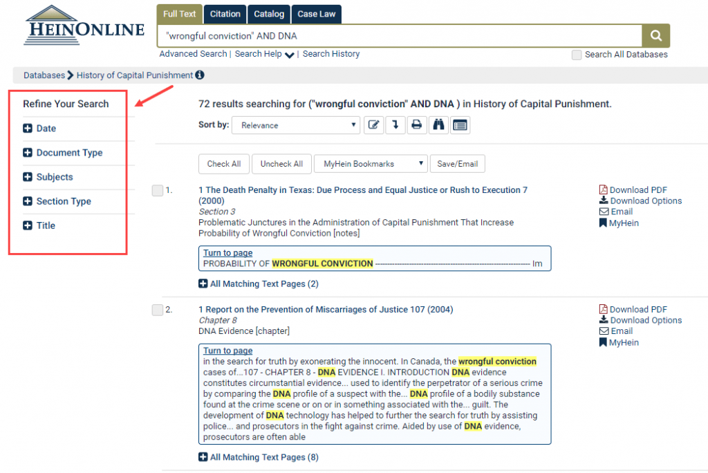 Screenshot of search results in the History of Capital Punishment