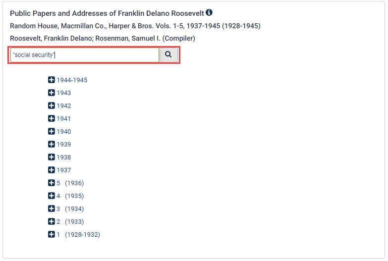 Screenshot of Public Papers and Addresses of Roosevelt looking for the keywords social security
