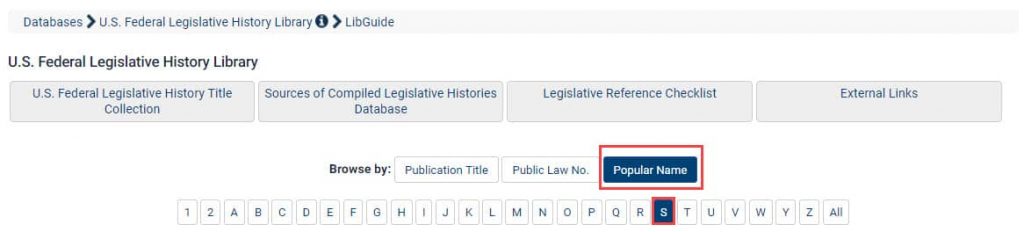 Screenshot of U.S. Federal Legislative History tabs/browse options