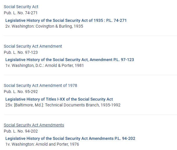 Screenshot of browsing by popular name in the U.S. Federal Legislative History Library