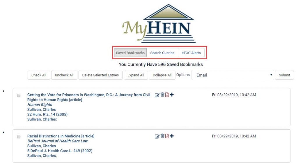 Screenshot of MyHein saved bookmarks page