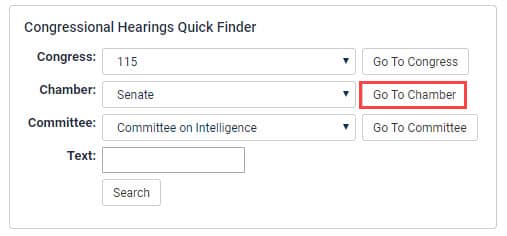 Congressional Hearings Quick Finder tool showing Go To Chamber