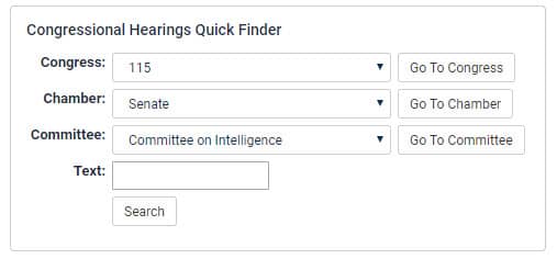 Congressional Hearings Quick Finder tool filled in with data