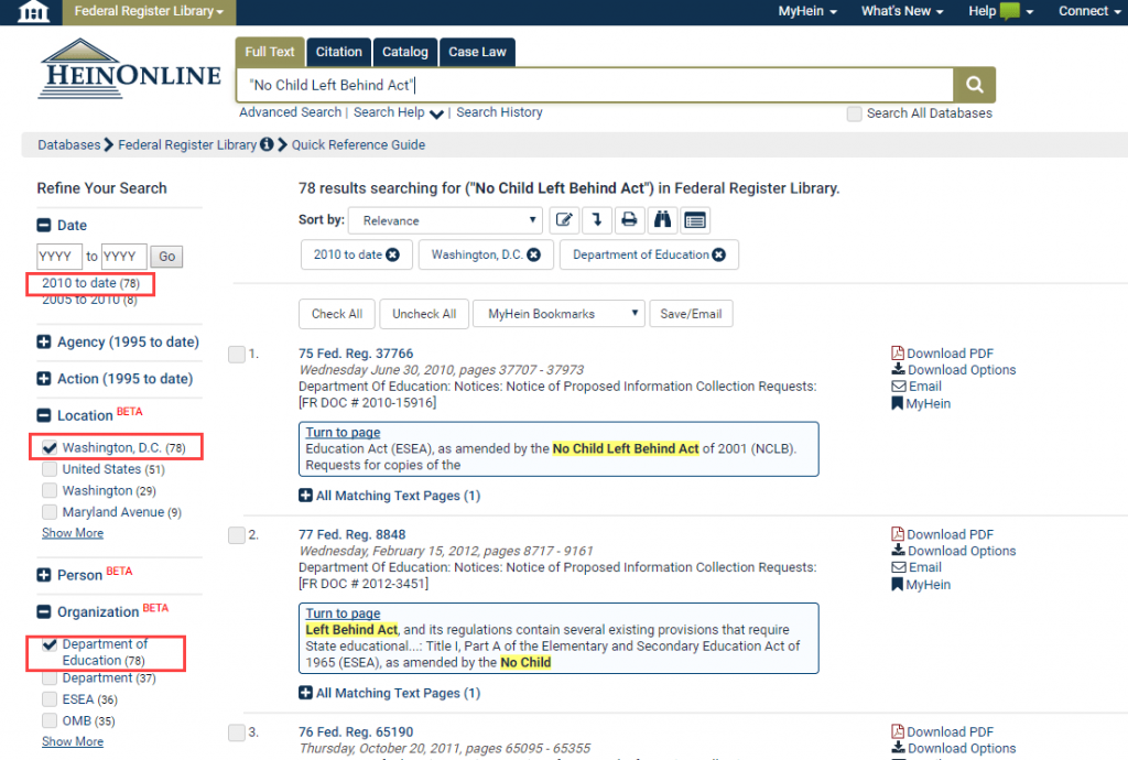 Screenshot of search results after selecting Date, Location, and Organization facets