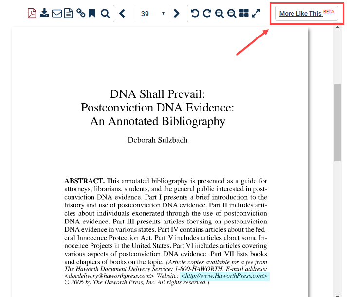Screenshot of article in HeinOnline showing the More Like This tool button