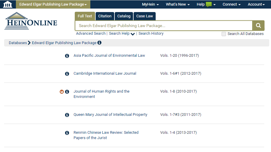 Screenshot of Edward Elgar Publishing Law Package landing page