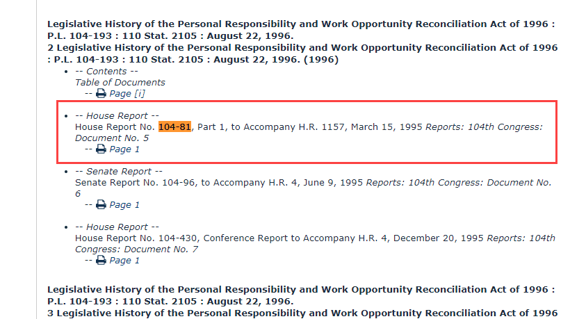 Screenshot of specific House Report search under legislative history