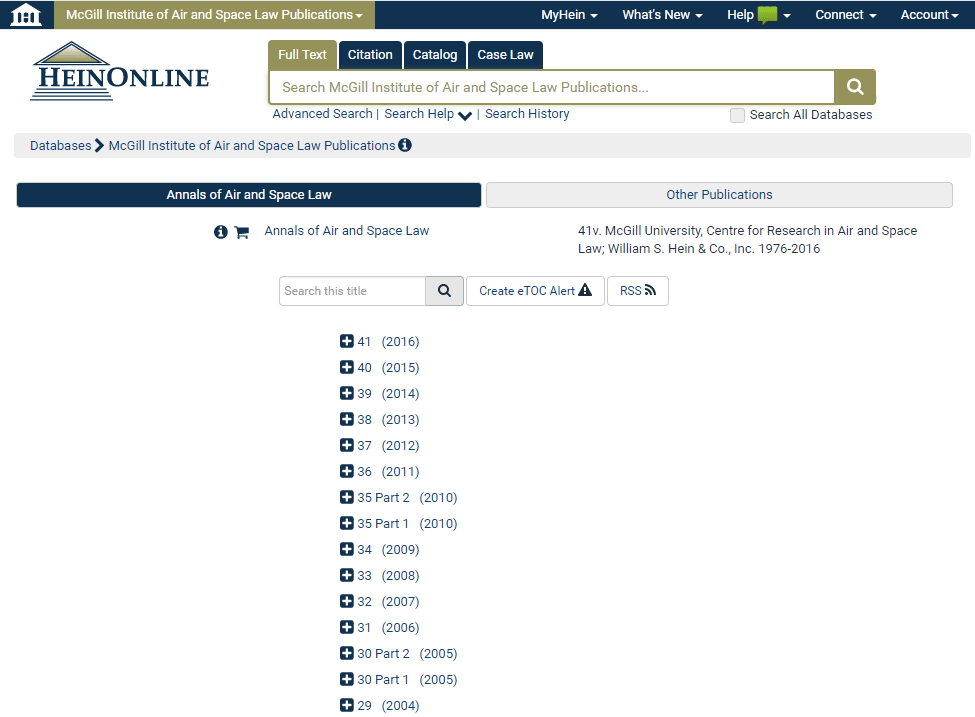 Screenshot of McGill Institute of Air and Space Law Publications landing page