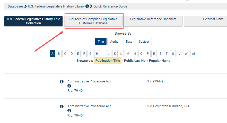 Screenshot of Sources of Compiled Legislative Histories subcollection in US. Federal Legislative History database