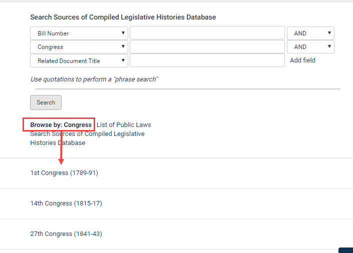 Screenshot of Browse by Congress function