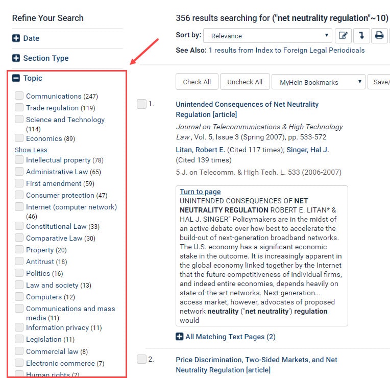 HeinOnline search results showing Refine Your Search facets