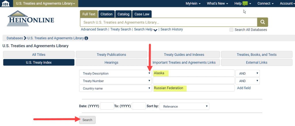 Screenshot of Full Text search under U.S. Treaty Index in U.S. Treaties and Agreements Library on HeinOnline