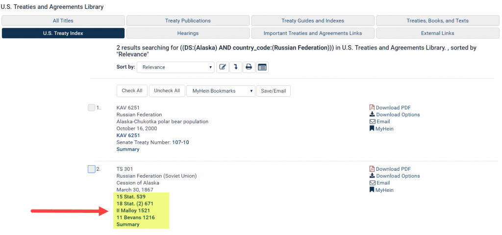 Screenshot of search results in U.S. Treaties and Agreements Library