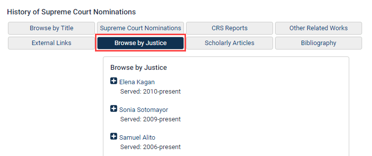 Screenshot of History of Supreme Court Nominations - Browse by Justice 