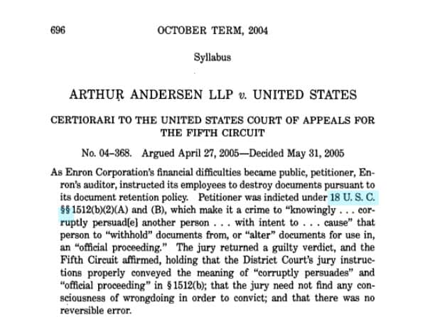 Screenshot of Arthur Andersen LLP v. United States case
