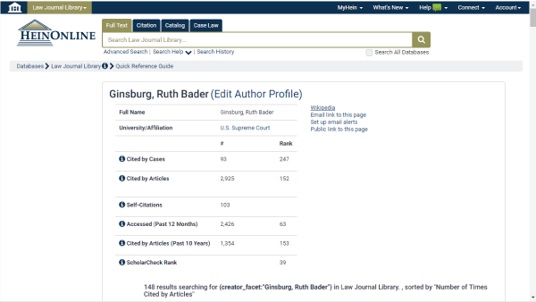 Screenshot of Ruth Bader Ginsburg's author profile in HeinOnline
