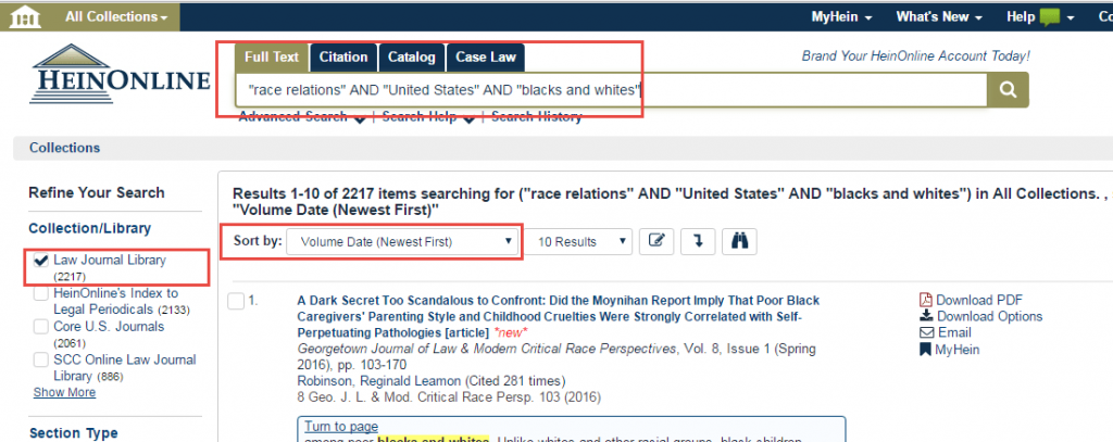 Screenshot of Full Text search in the Lawn Journal Library, highlighting option to search by date