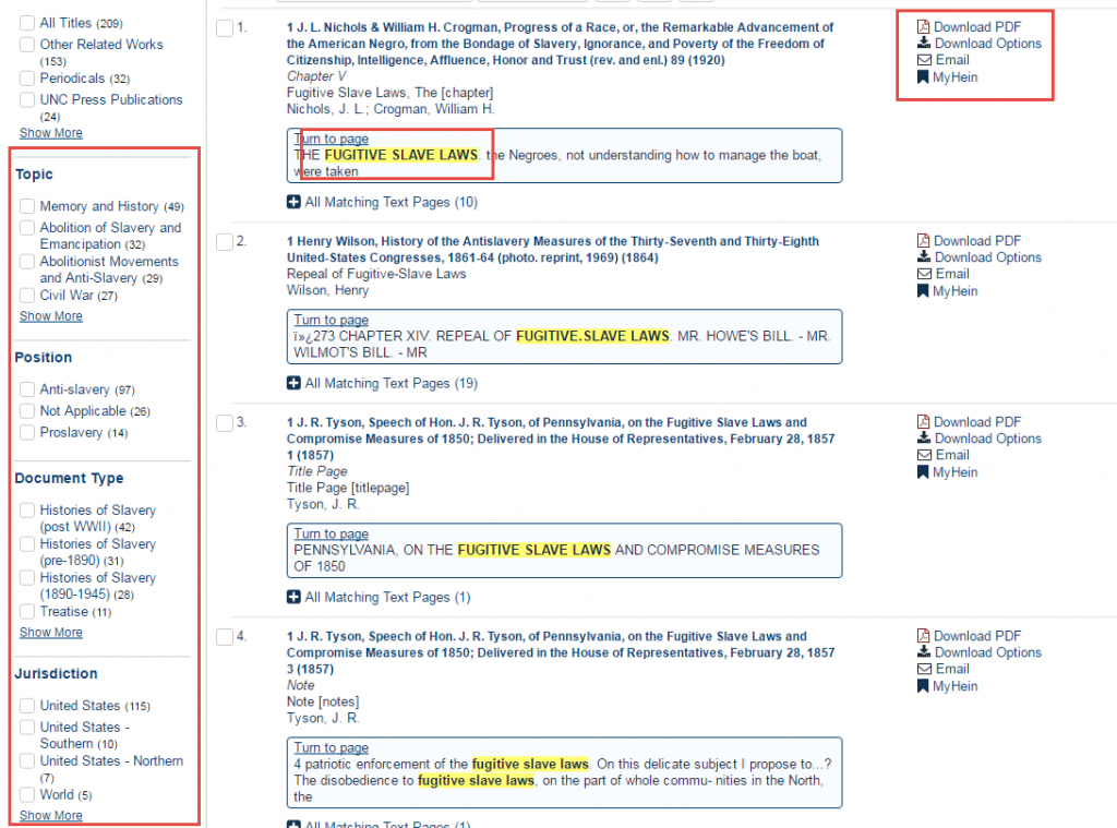 Screenshot of search for "fugitive slave laws" within HeinOnline, highlighting Refine Your Search options