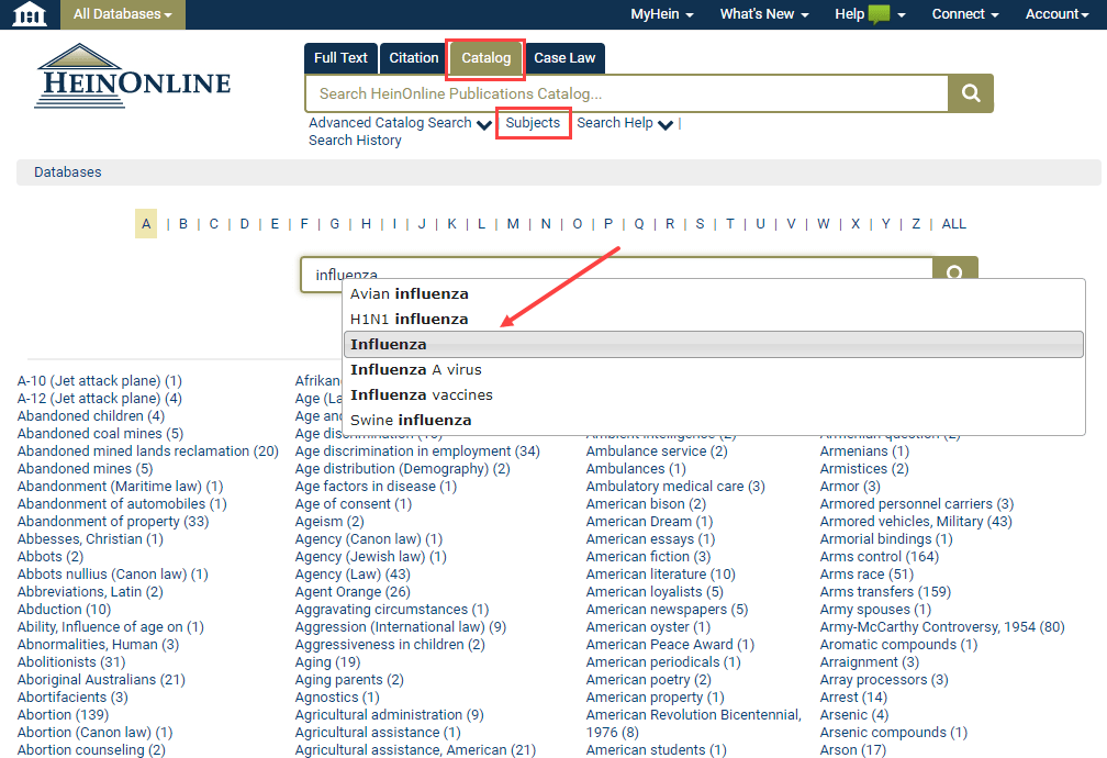Screenshot of Catalog search for subjects within HeinOnline