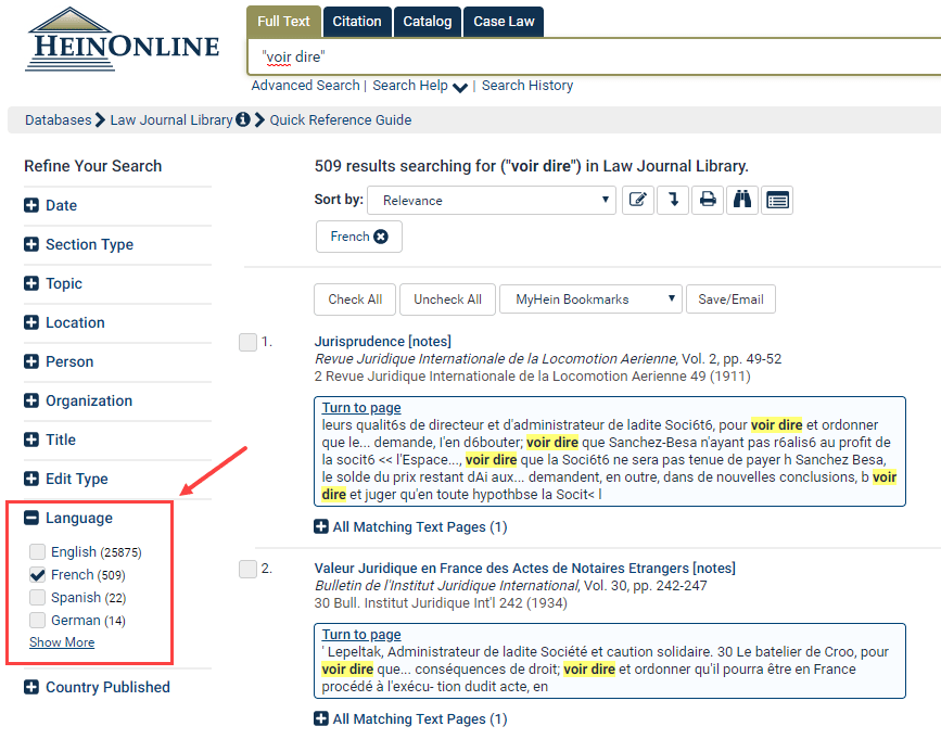 Screenshot of search results in HeinOnline showing the Language facet 