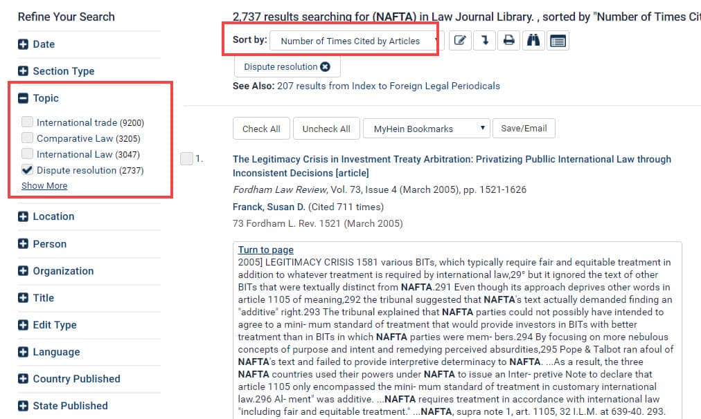 Screenshot of search results for NAFTA, featuring Topic facet and Number of Times Cited by Article feature
