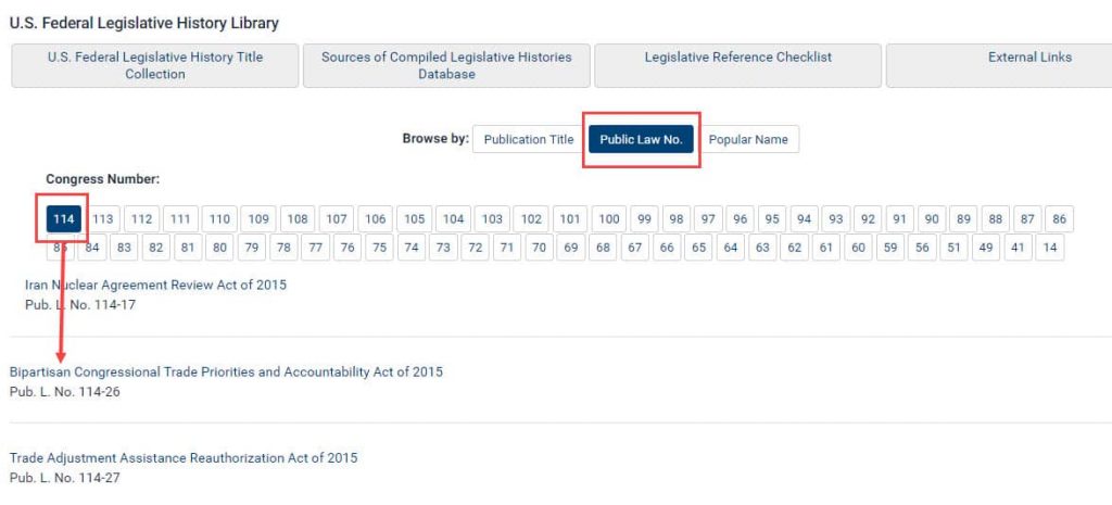 Screenshot of the U.S. Federal Legislative History Library featuring browse by Public Law No.