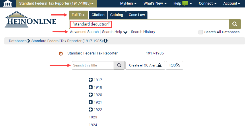 Screenshot of the Standard Federal Tax Reporter landing page showing different ways to search