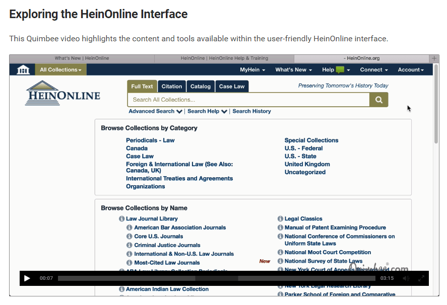 Screenshot of a Quimbee Video on HeinOnline Interface