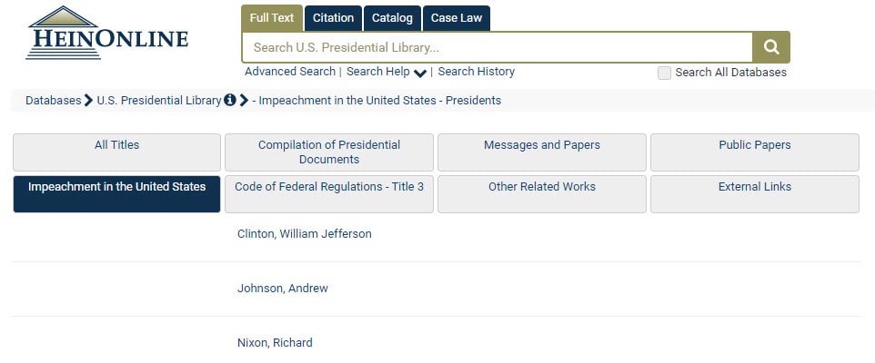 Screenshot of U.S. Presidential Library Impeachment tab