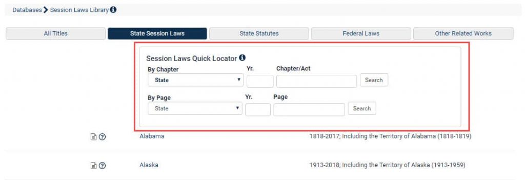 Screenshot of Session Laws Quick Locator tool