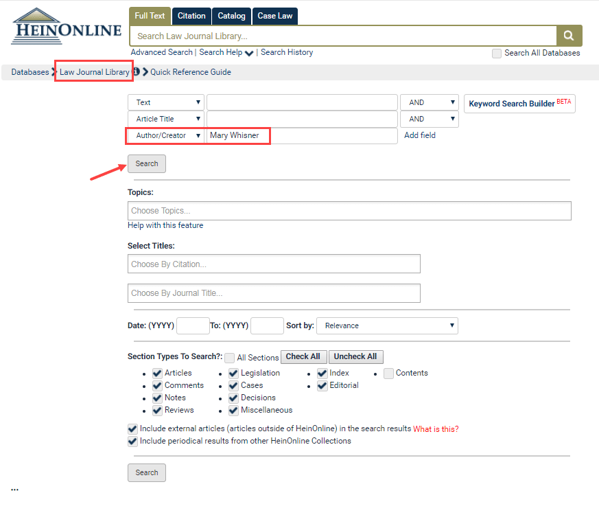 Screenshot highlighting Author/Creator search field in HeinOnline Advanced Search