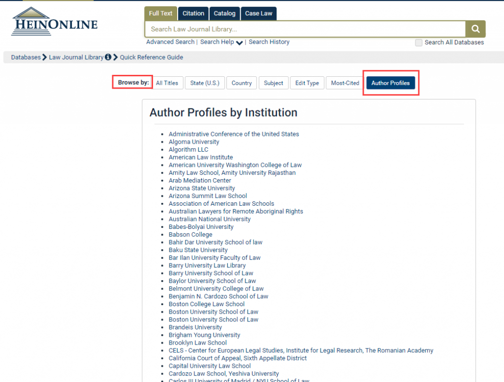 Screenshot of Author Profiles by Institution menu