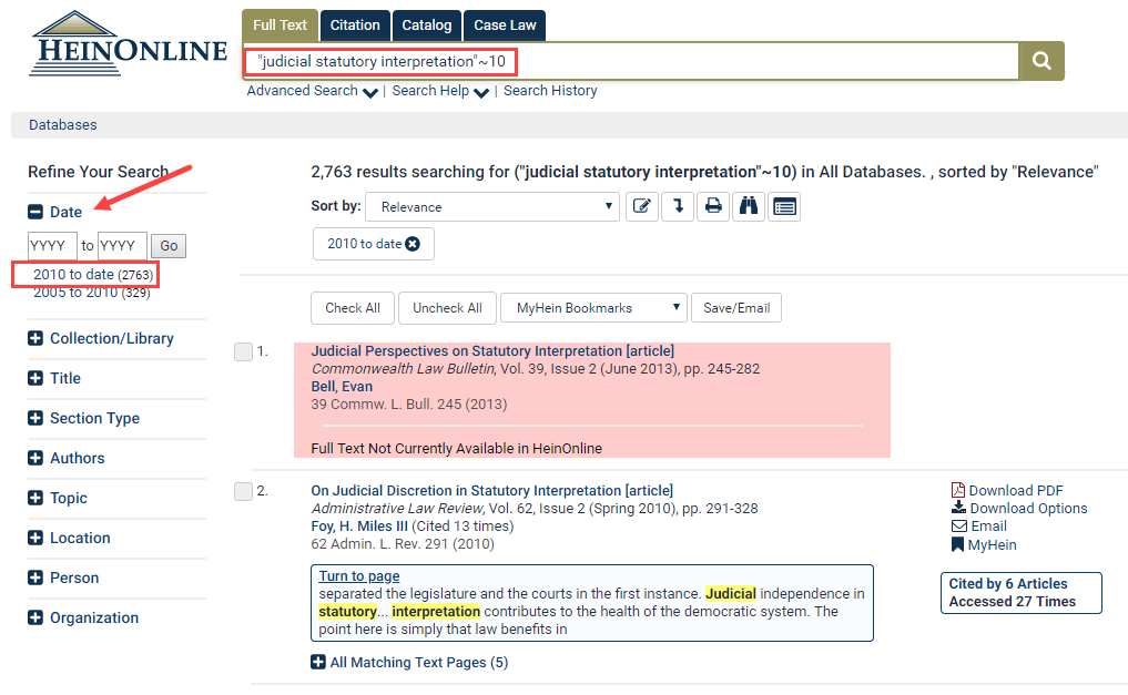 Screenshot of Full Text search highlighting Date facet