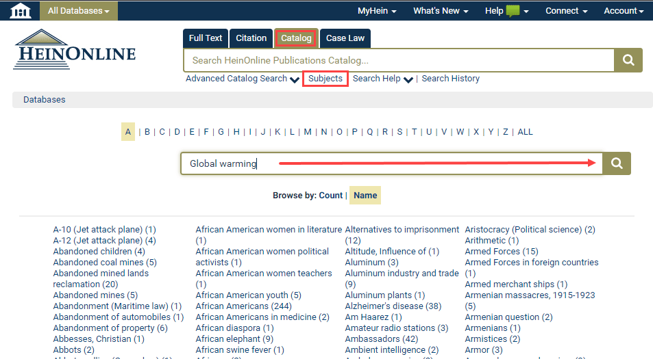 Screenshot of Catalog search within HeinOnline
