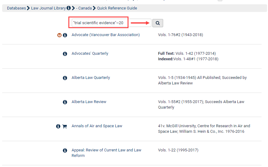 Screenshot of proximity search within Law Journal Library on HeinOnline