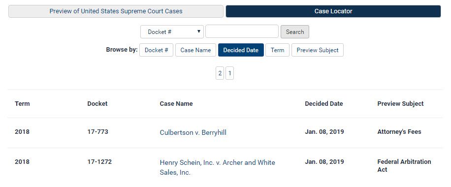 Screenshot of Case Locator in Preview of the United State Supreme Court Cases