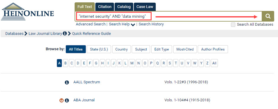 Screenshot of Full Text search in the Law Journal Library in HeinOnline