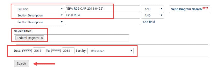 Searching a Agency/Docket number example