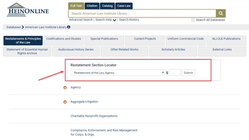 Screenshot of the Restatement Selection Locator tool within the American Law Institute Library