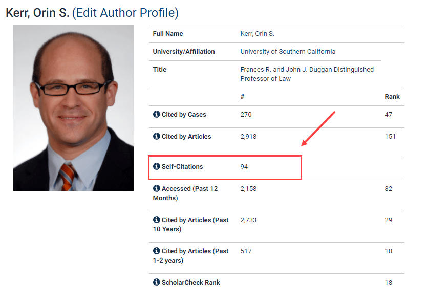 Screenshot of self-citation metrics within author profile pages