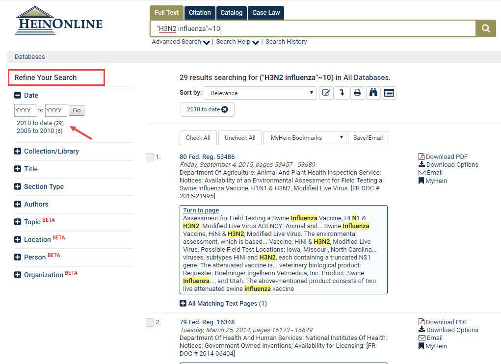 Screenshot of search results showing Refine Your Search by date