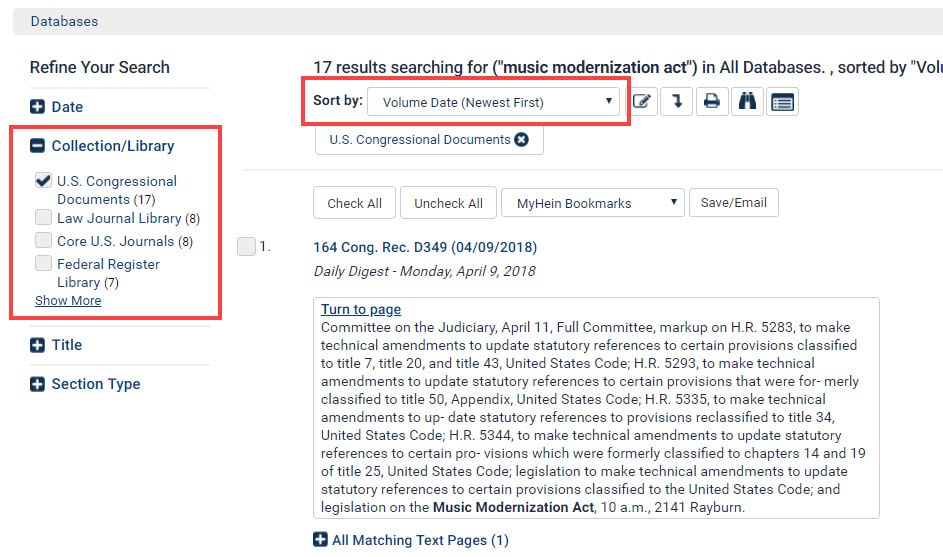 Screenshot highlighting Collection/Library and Volume Date search functions within U.S. Congressional Documents 