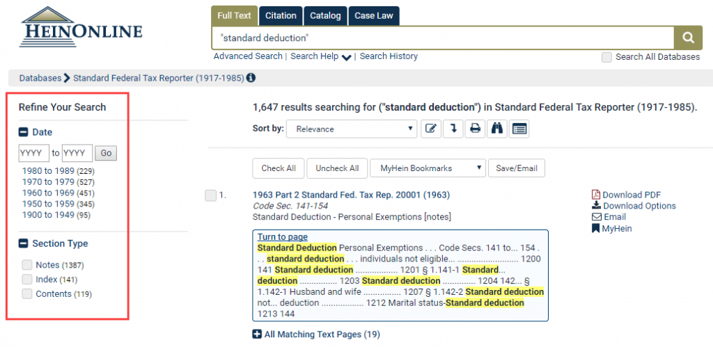 Screenshot of the Standard Federal Tax Reporter search results showing refine your search facets