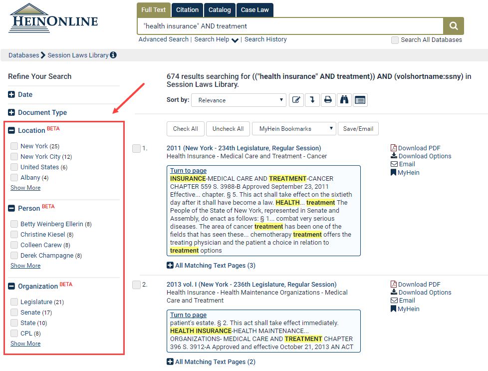 Session Laws Library search results showing Refine facets