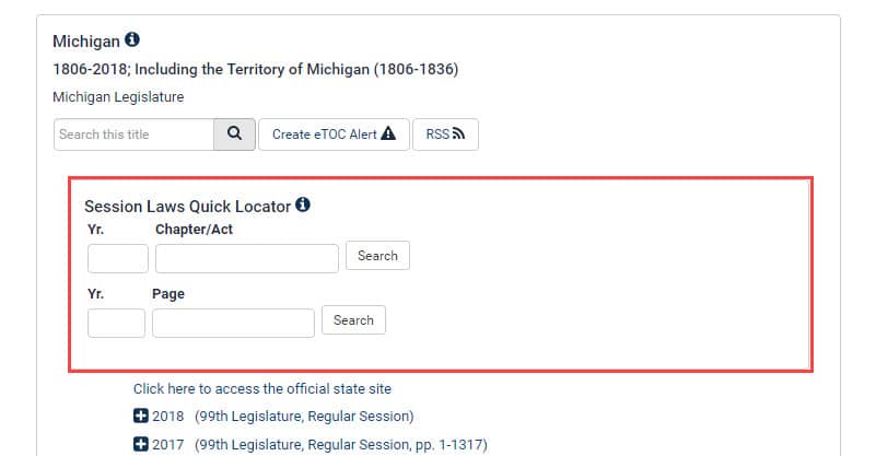 Screenshot of Session Laws Quick Locator tool within the state of Michigan