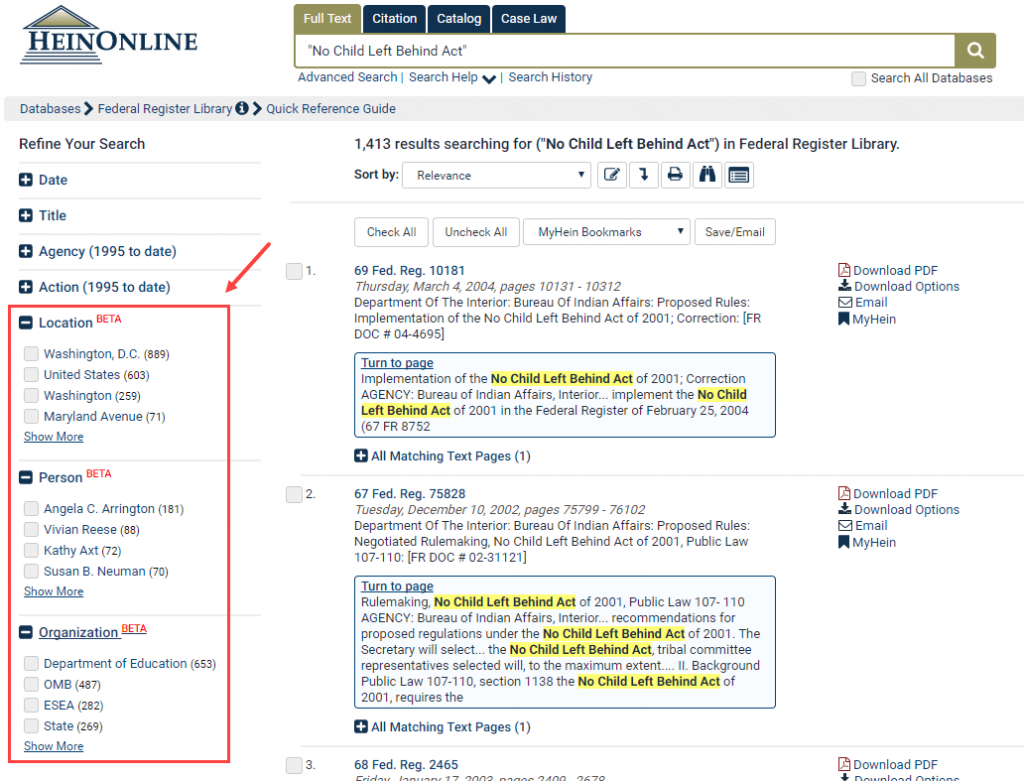 Screenshot featuring entities to refine search within Federal Register Library