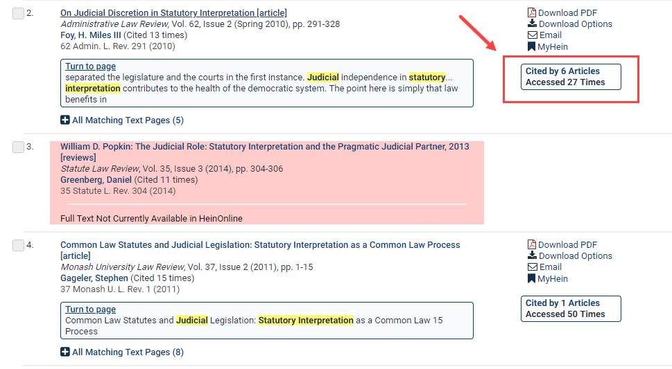 Screenshot of search results featuring ScholarCheck feature in HeinOnline